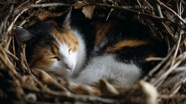 Sleeping Tricolor Cat in Nest Real Photography
