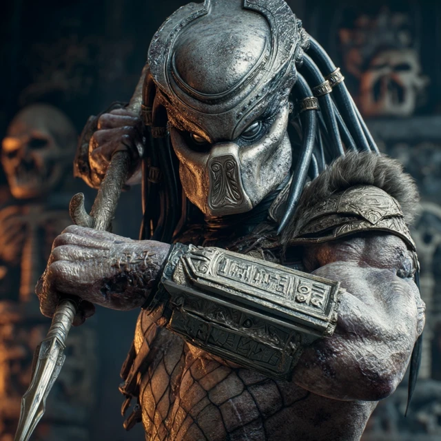 Futuristic Alien Warrior Predator in Ancient Temple