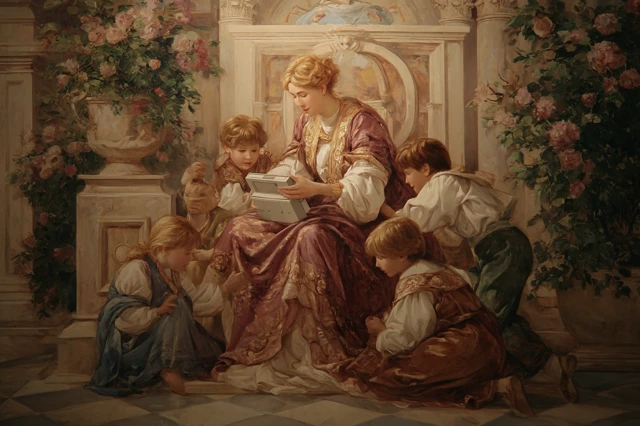Renaissance Mother Playing Game Boy with Children