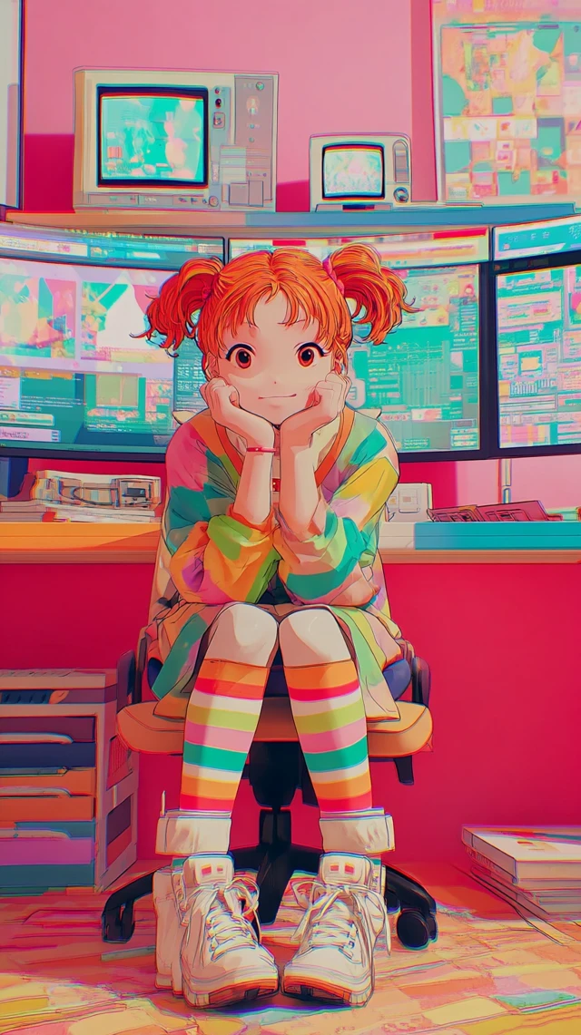 90s Anime Girl with Pigtails and Striped Socks