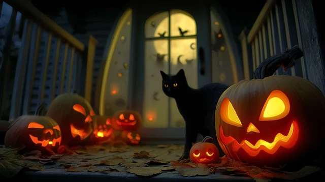 Halloween Night Jack O Lanterns and Black Cat