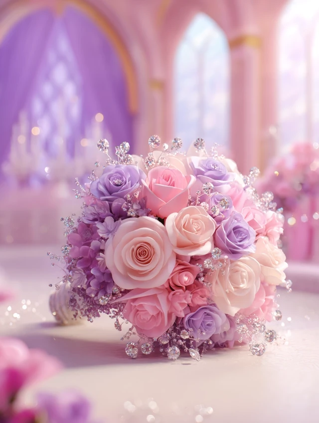 Elegant Wedding Bouquet Pink and Purple Roses Diamonds