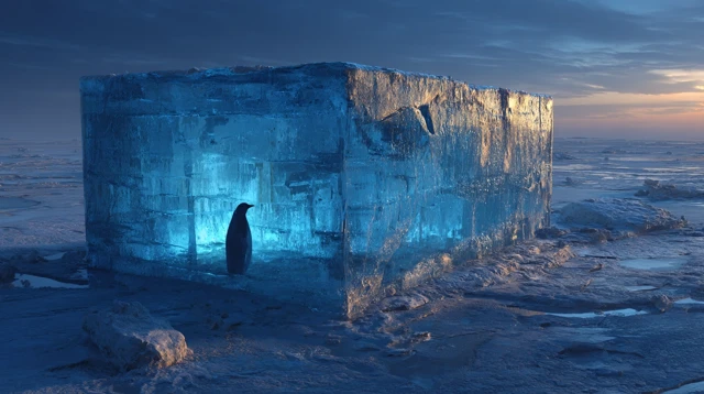 Penguin Frozen in Ice Photorealistic Wide Angle