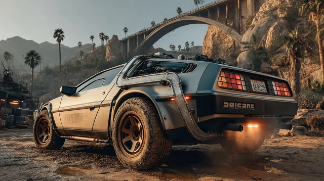 DeLorean in the Desert Hyperrealistic Cinematic Shot