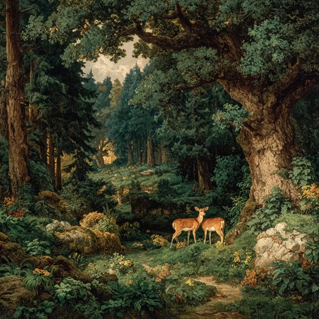Mystical Forest Oil Painting Baroque Deer Scene