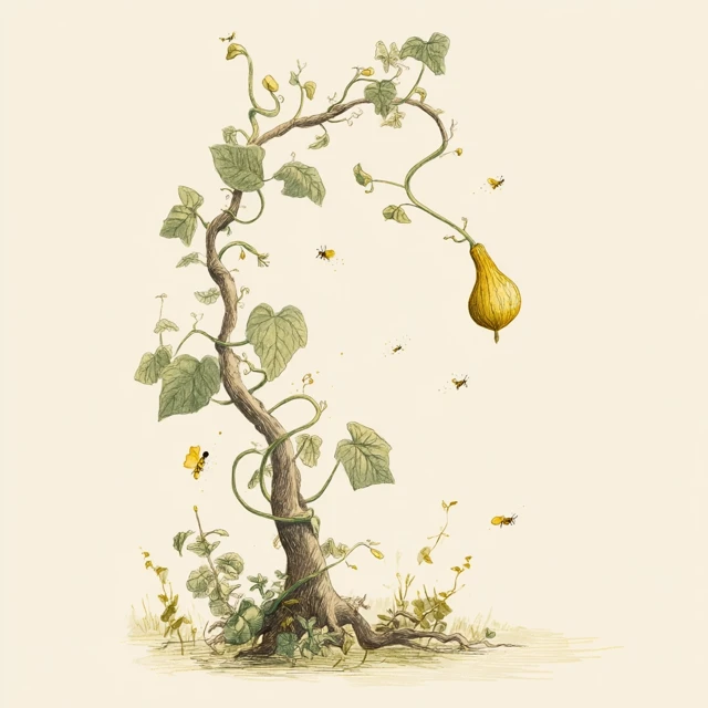 Vine Illustration with Gourd and Flies