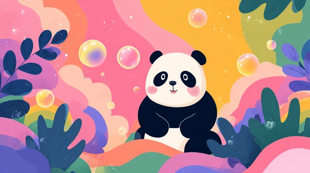 Cute Panda Cartoon Design Love Bubbles Rainbow
