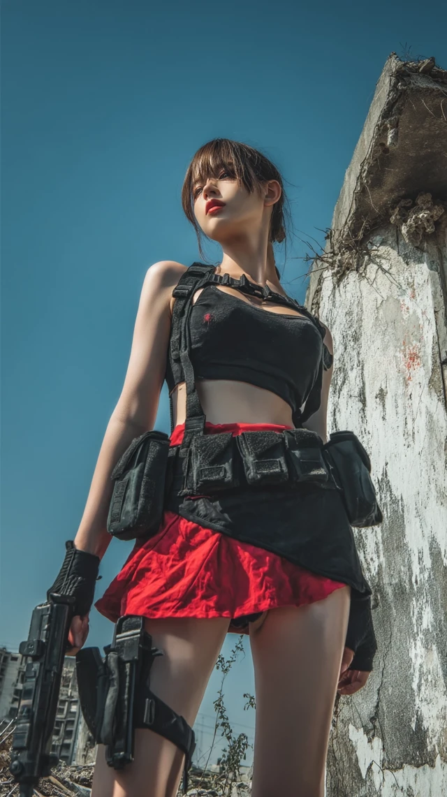 Girl in Ruined City Long Hair Perfect Body