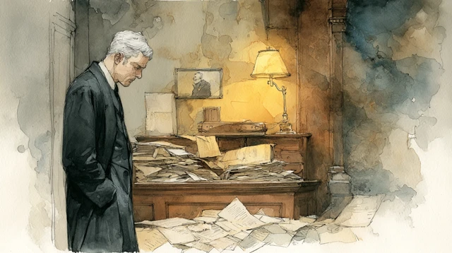 Lawyer in a Somber Room Balancing Logic and Empathy