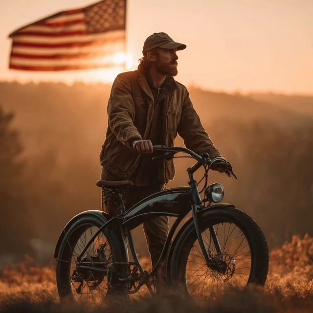 American Patriot on Vintage Electric Bike Outdoors