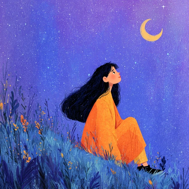 Girl Star Gazing Moon Illustration
