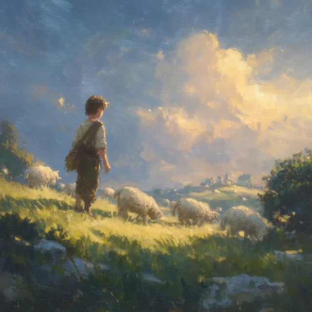 Shepherd Boy and Sheep Pastoral Oil Painting