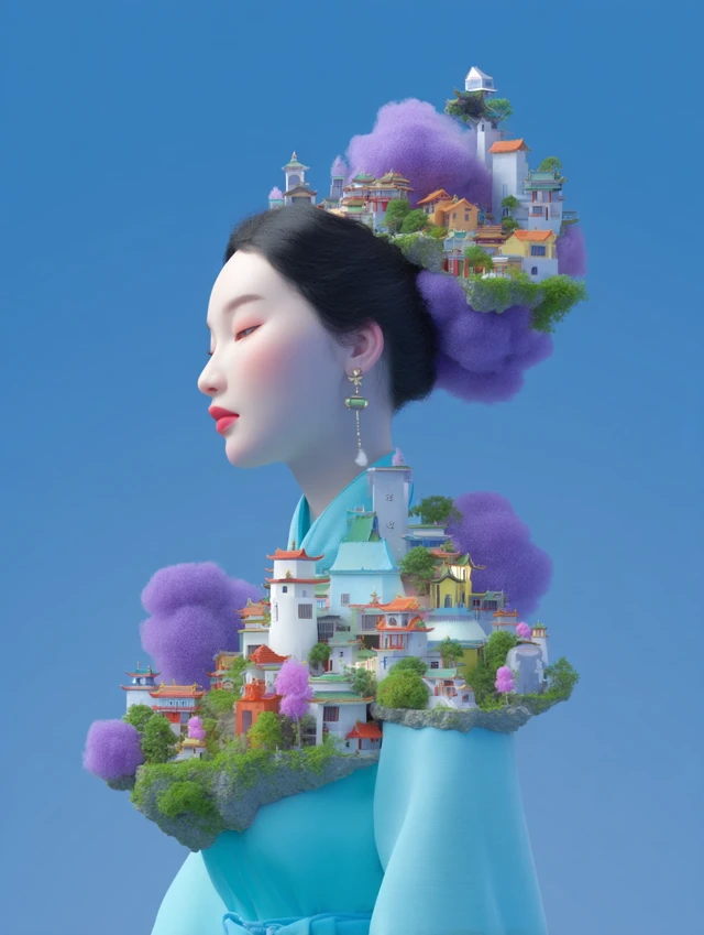 Dreamy Asian Woman Profile with Floating City