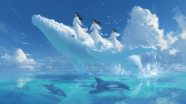 Woman on Whale Soaring Above Sea Fantasy Art