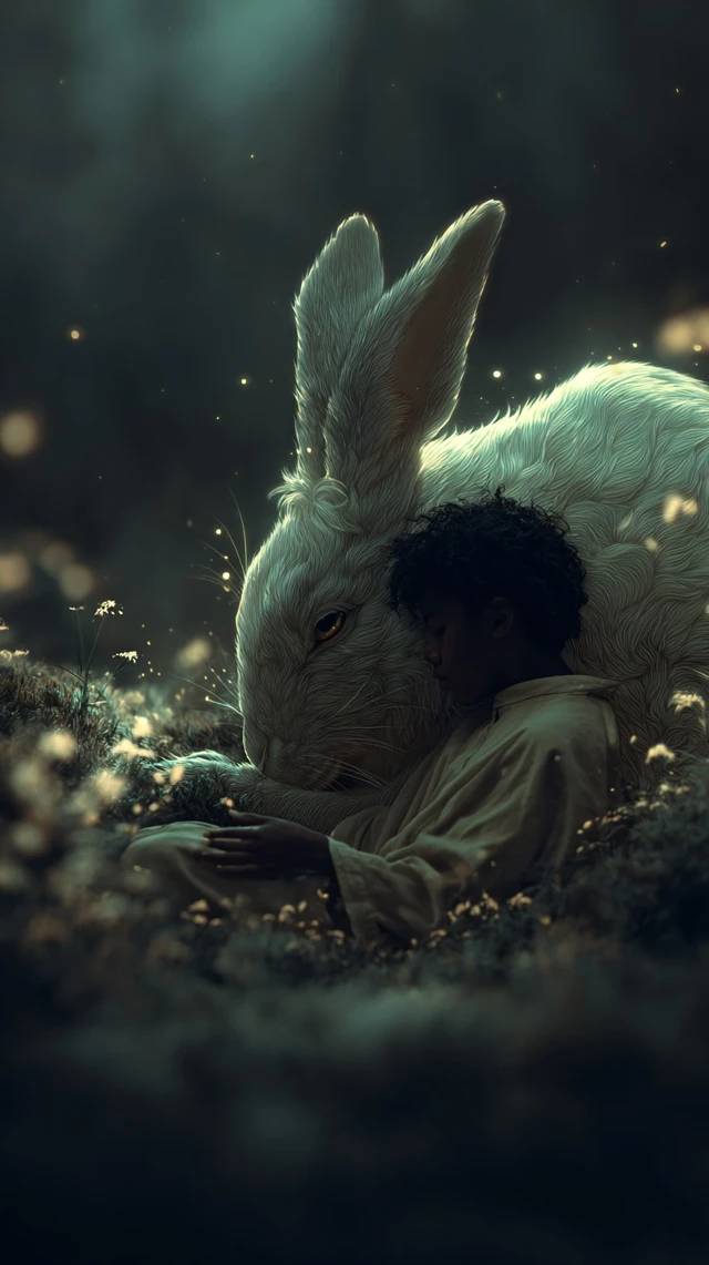 Magical Rabbit and Girl Forest Scene