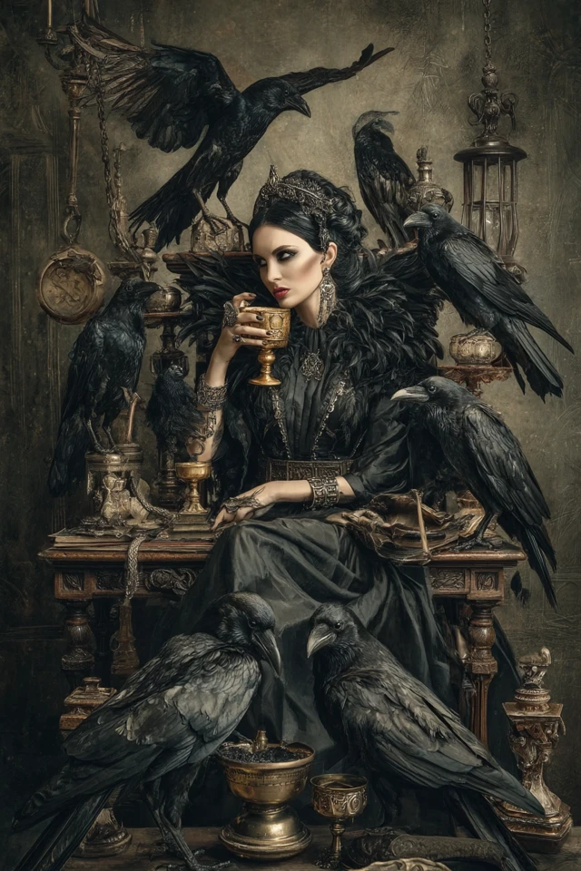 Queen of Ravens listening to advisors and sipping