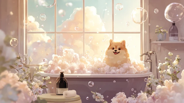 Happy Pomeranian Bath Time Cute Bathroom Scene