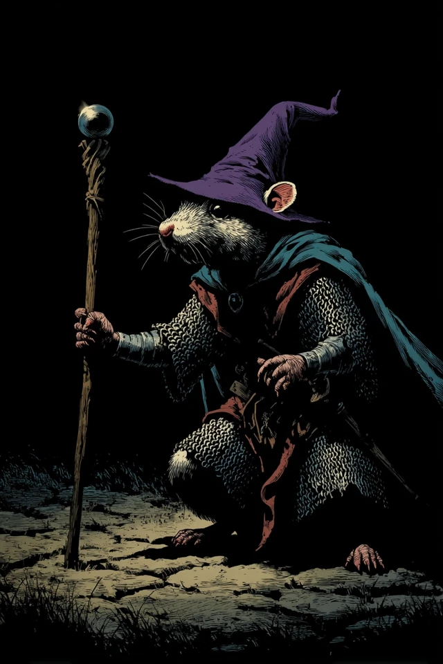 Rat Wizard in Armor Medieval Woodcut Illustration