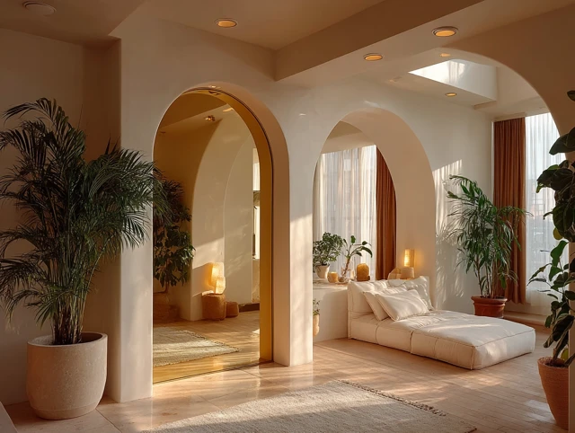 Modern Interior Design with Arched Mirror and Sofa