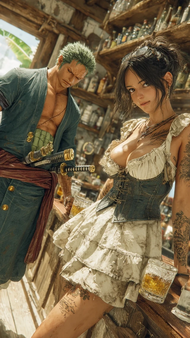 Zoro and Nico Robin Beach Bar Cyberpunk Art