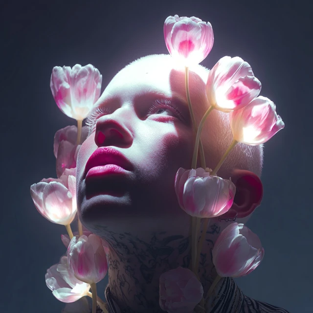 Albino Woman with Flower Head Portrait