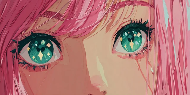 Anime Eyes with Pastel Pink Hair and Teal Green Eyes