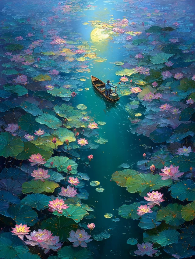 Lotus Lake Midnight Oil Painting