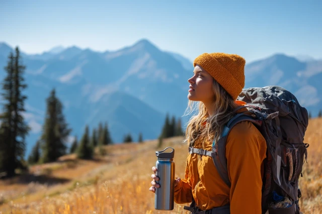 Woman Hiking Mountains with Water Bottle and Backpack