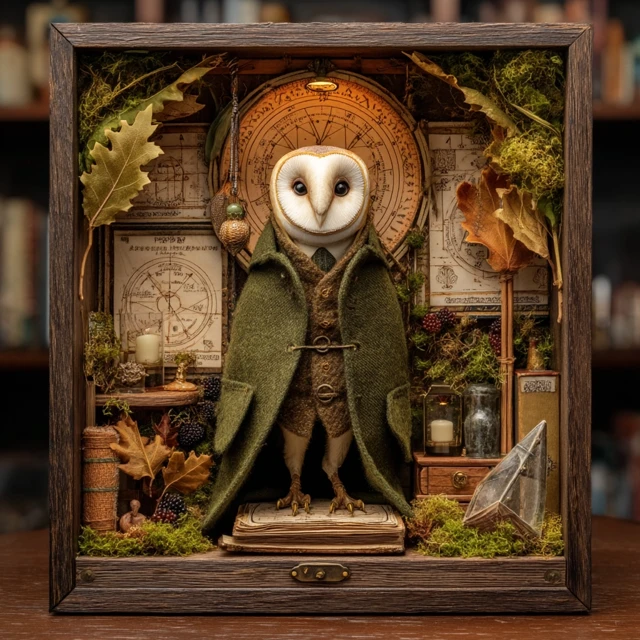 Miniature Diorama of a Barn Owl Astrologer