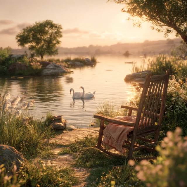 Summer Evening Scene Swans Lake Golden Sunset
