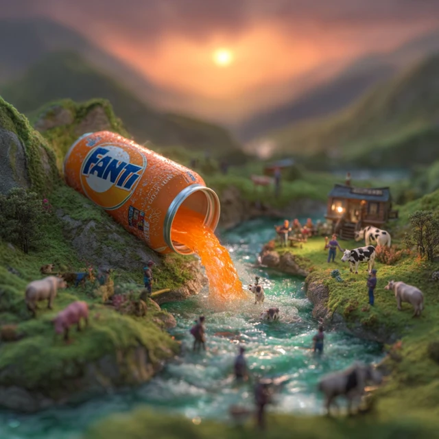 Surreal Fanta Landscape: Giant Can and Miniature World