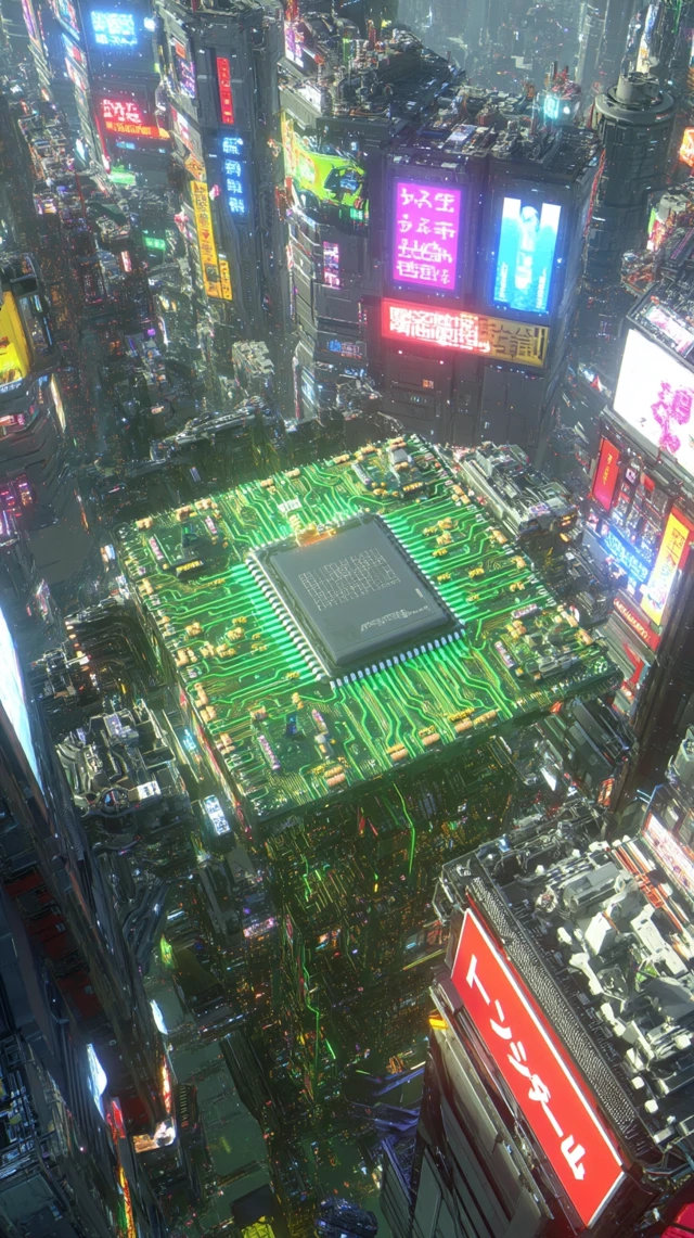 Cyberpunk Cityscape Microchip Illustration