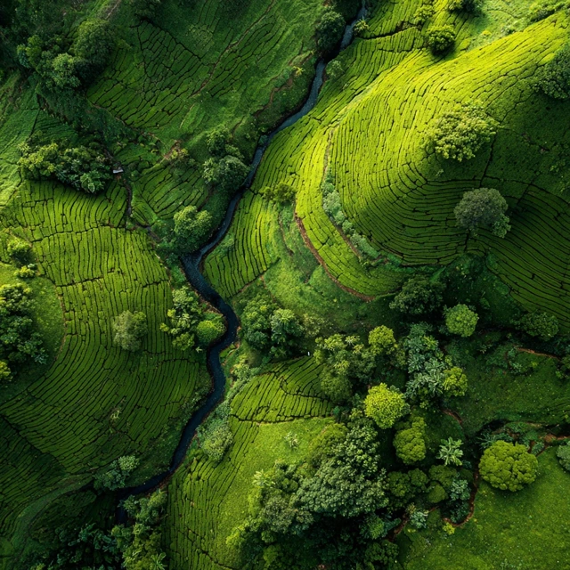 Aerial View of a Lush Green Tea Plantation