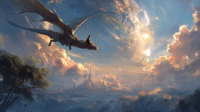Fantasy Dragon Flight Landscape with Two Suns