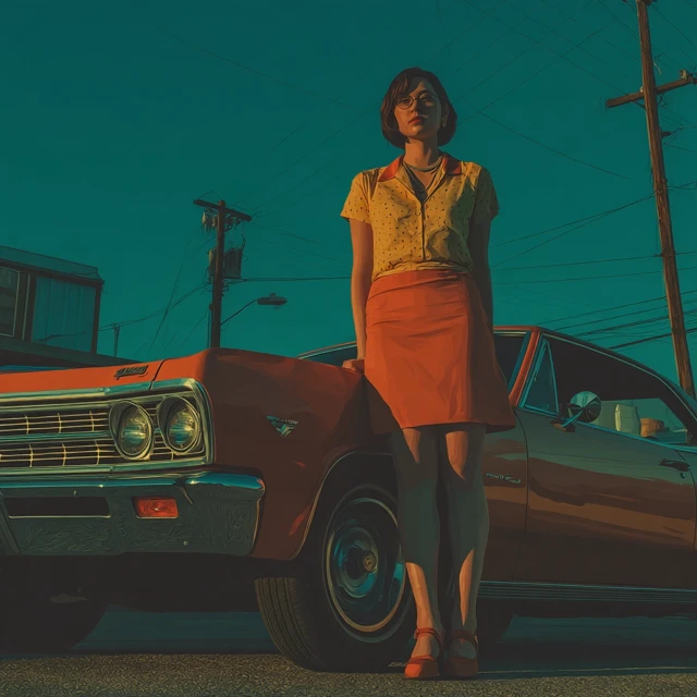 Woman by a Vintage Car Atmospheric Scene
