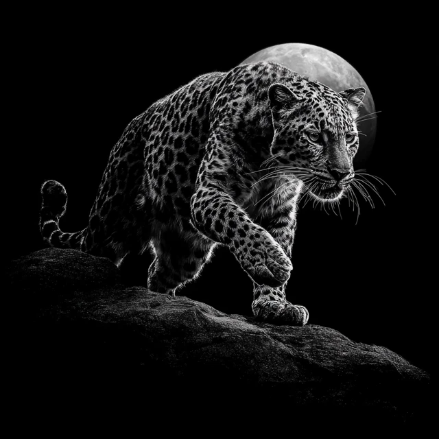 Leopard Leaping Silhouette Moon Black and White