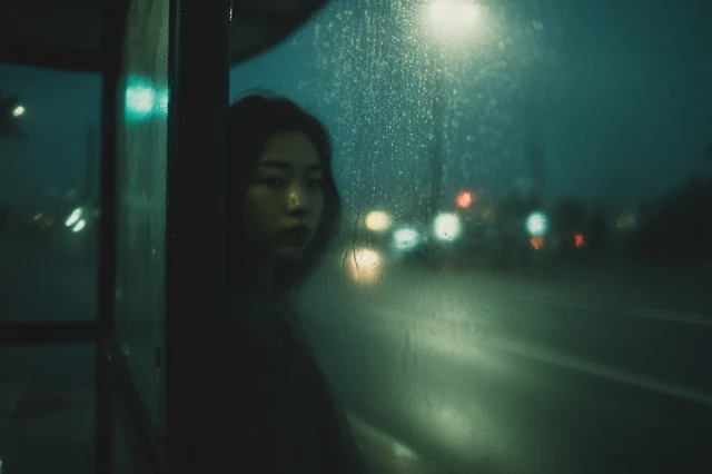 Rainy Night Asian Woman Waiting At Bus Stop