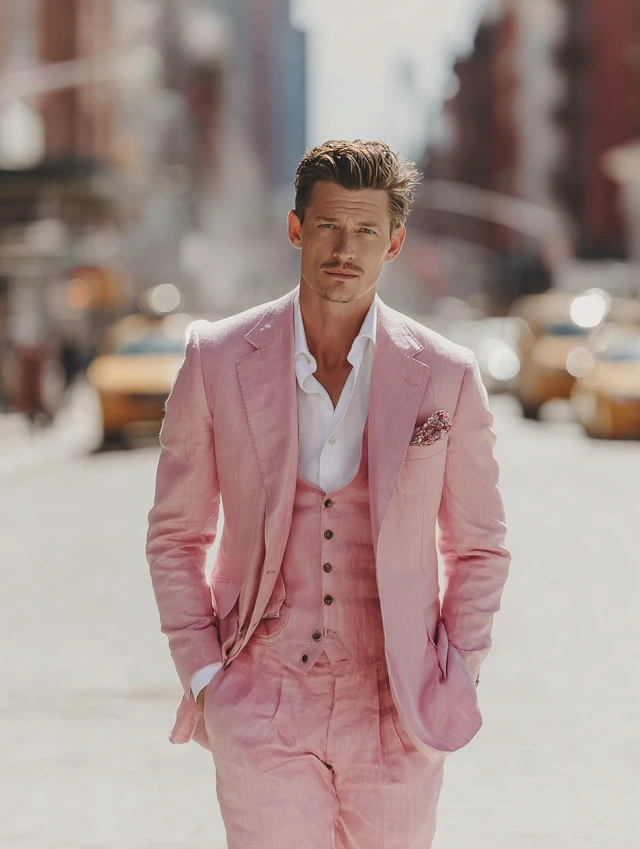 Elegant Man in Pink Suit Vogue Fashion Editorial