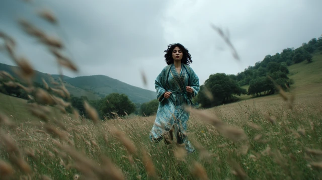 Uzbek Woman Running Through Meadow Cinematic Shot