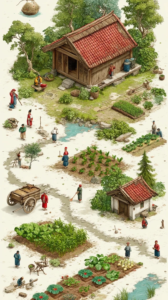 Chinese Farm Scene: Colorful Illustration