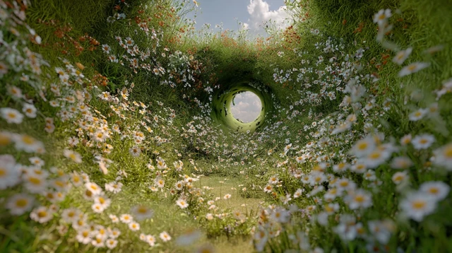 Grassy Tunnel with Wildflowers and Blue Sky