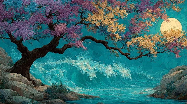 Ocean Wave Painting Blooming Spring Tree