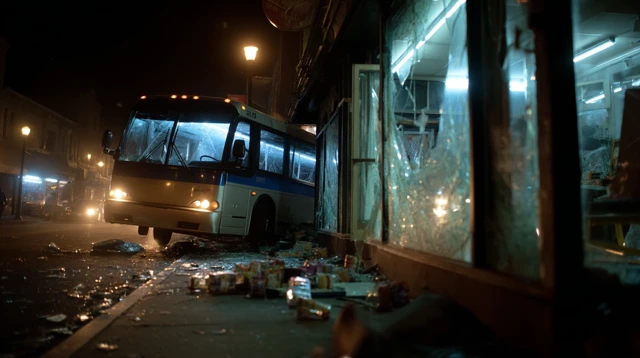 Nighttime Bus Crash Scene City Street Disaster