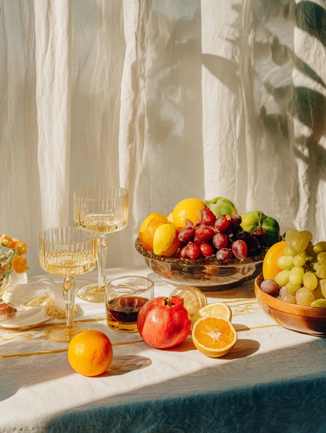 Still Life Table Setting with Fruits and Wine