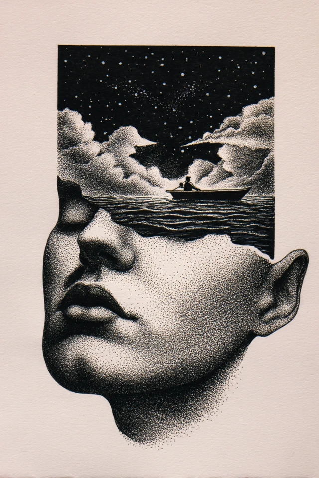 Surreal Dreamlike Ink Drawing of a Face with Boat and Stars