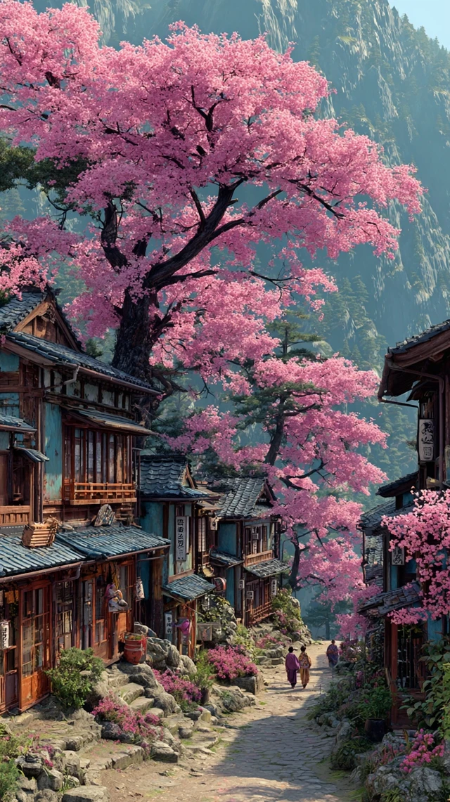 Japanese Village Cherry Blossoms Edo Period