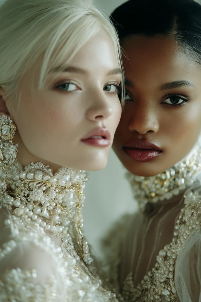 Elegant Models in Haute Couture Pearl Gowns