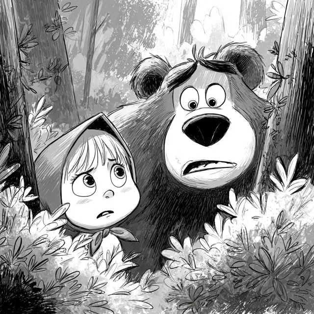 Masha and Bear in Forest Cartoon Scene