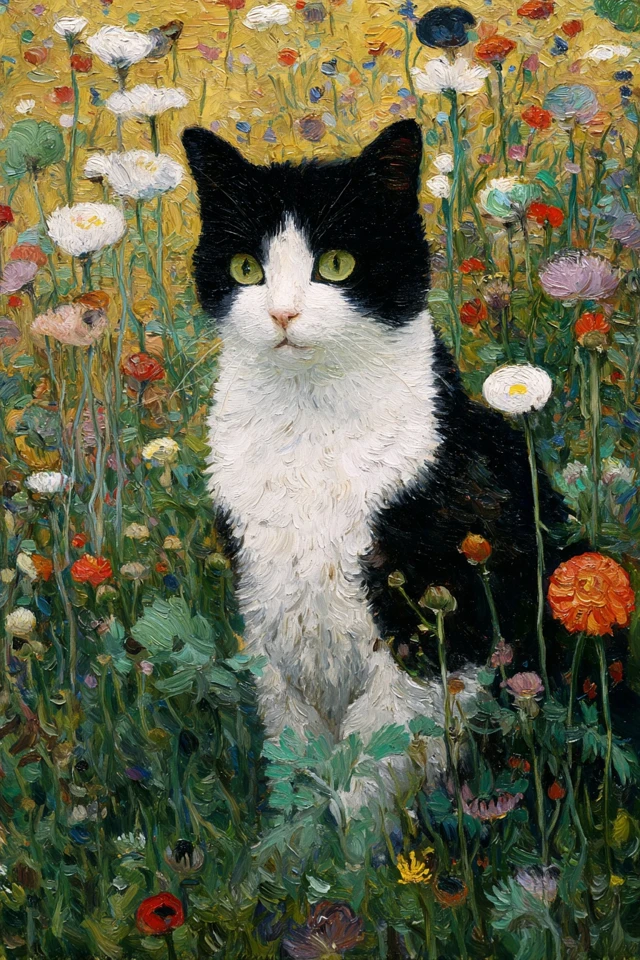 Cat in Wildflowers Klimt Style Painting