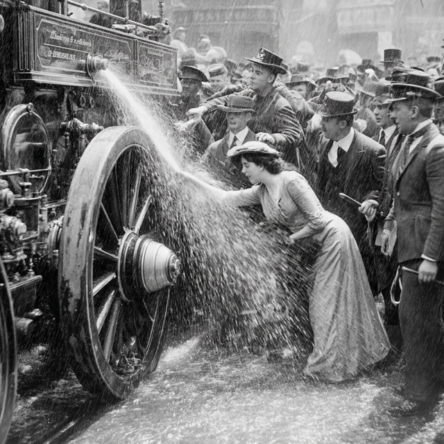 Vintage Fire Brigade Spraying Crowd Photo
